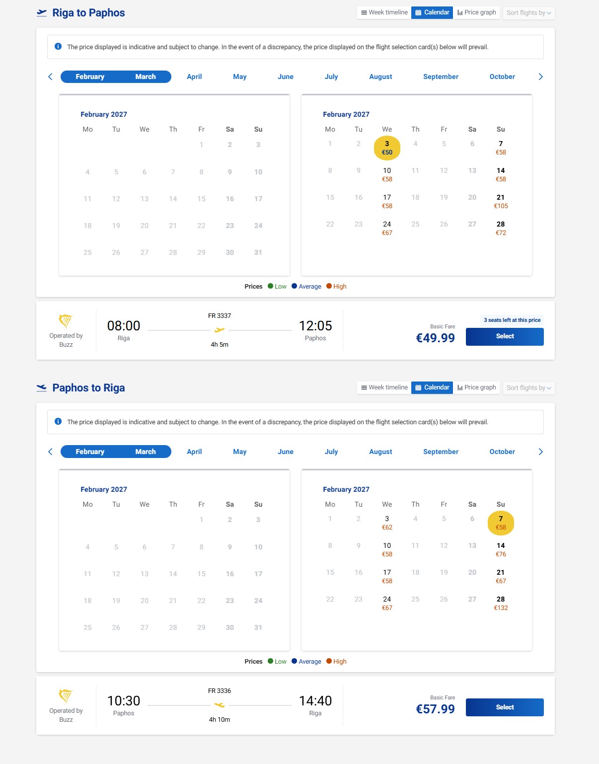 Ryanair cenas: RIX–PFO 03.02. un PFO–RIX 07.02.2027
