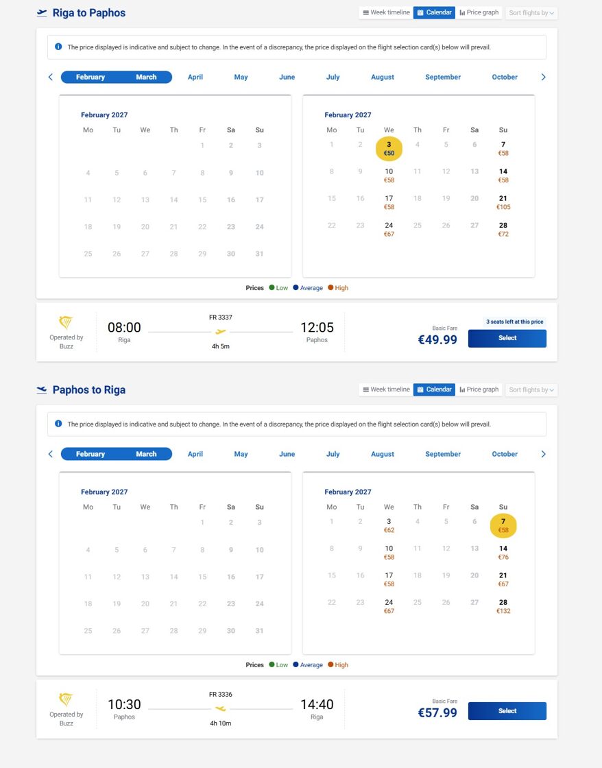 Ryanair cenas: RIX–PFO 03.02. un PFO–RIX 07.02.2027